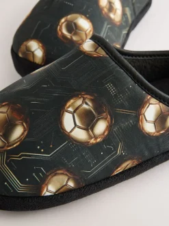 Noir/doré motif football - Mules chaussons doublées chaudes