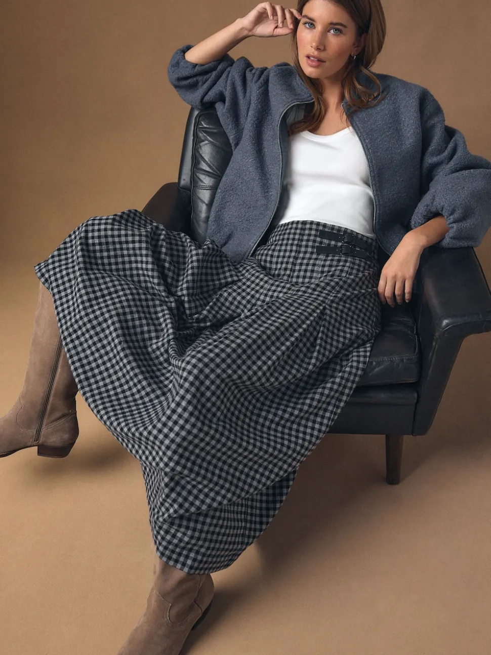 Noir/Gris - Jupe mi-longue kilt vichy