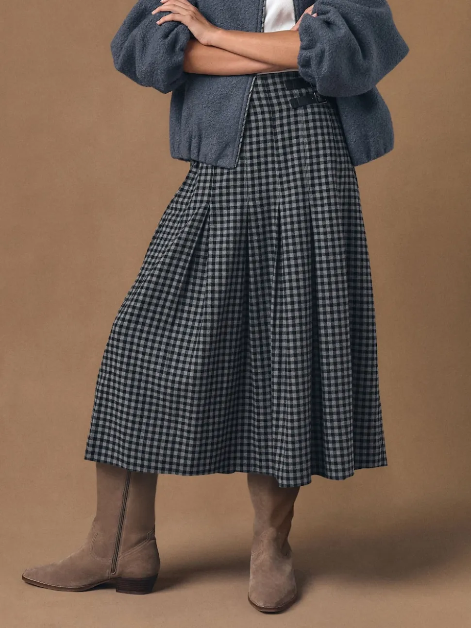 Noir/Gris - Jupe mi-longue kilt vichy