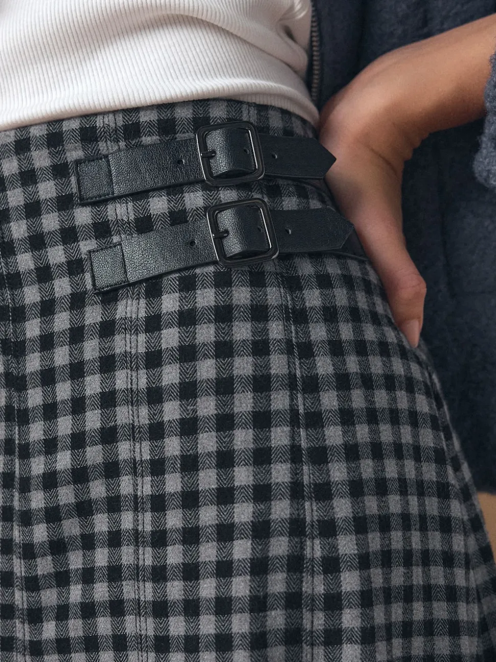 Noir/Gris - Jupe mi-longue kilt vichy