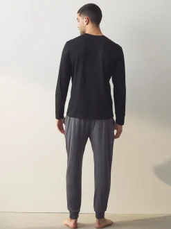 Noir/Gris - Pyjama manches longues en % coton à poignets 100