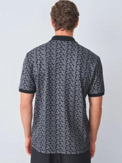 Noir/gris géométrique - Polo à motif quart de zip
