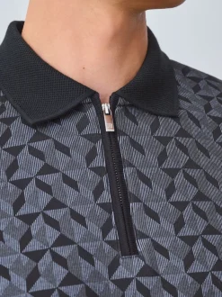 Noir/gris géométrique - Polo à motif quart de zip