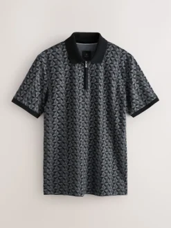 Noir/gris géométrique - Polo à motif quart de zip