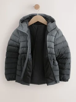 Noir/gris réfléchissant - Veste matelassée à capuche de poids moyen (3-17ans)