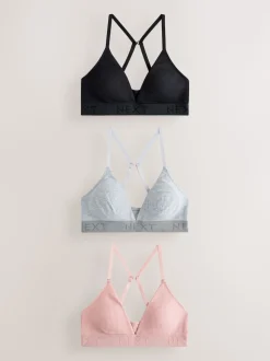 Noir/gris/rose - Lot de 3 bralettes en coton côtelé à logo