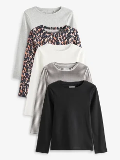 Noir/imprimé animal/blanc/rayé - Lot de 5 hauts à manches longues côtelés (3-16ans)