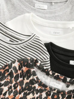 Noir/imprimé animal/blanc/rayé - Lot de 5 hauts à manches longues côtelés (3-16ans)