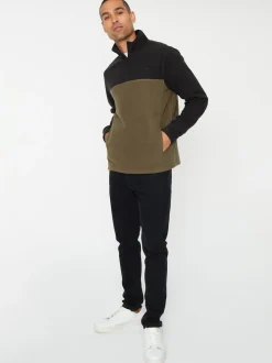 Noir/kaki - Threadbare Sweat-shirt bicolore en polaire à col zippé