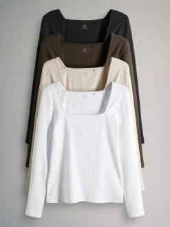 Noir/Marron Chocolat/Crème/Blanc - The Set lot de 4 hauts côtelés à col carré