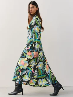 Noir/Multicolore Fleuri - Robe chemise mi-longue à manches longues