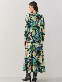 Noir/Multicolore Fleuri - Robe chemise mi-longue à manches longues