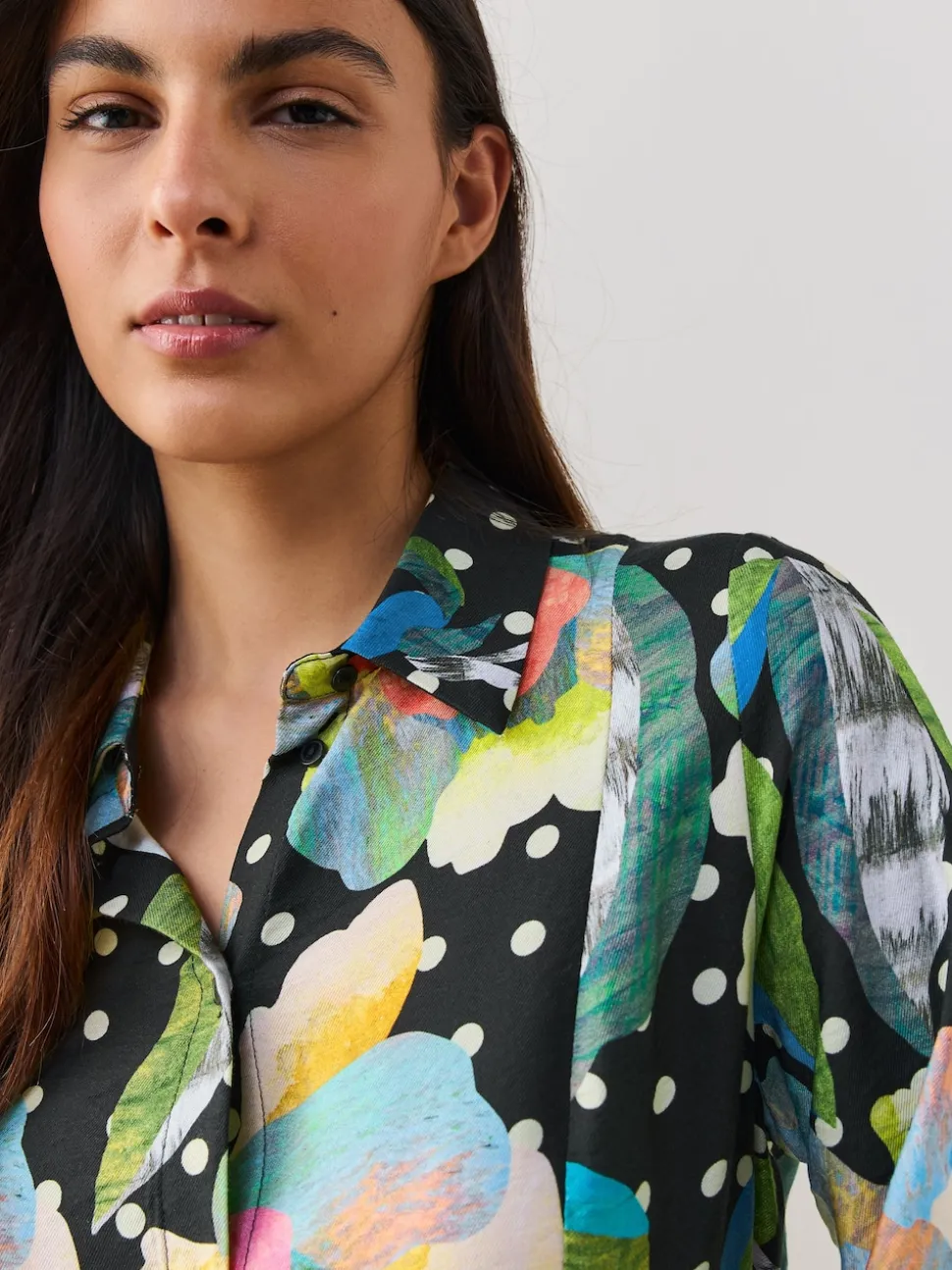 Noir/Multicolore Fleuri - Robe chemise mi-longue à manches longues