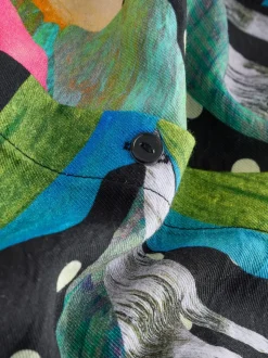 Noir/Multicolore Fleuri - Robe chemise mi-longue à manches longues