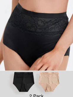 Noir/Nu - Culotte amincissante légère à taille haute en dentelle 2 Pack
