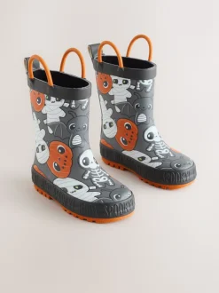 Noir/Orange Halloween - Bottes de pluie à poignée