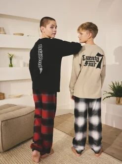 Noir/Rouge/Beige Sable Offline - Lot de 2 pyjamas en tissu à carreaux à manches longues (3-16ans)