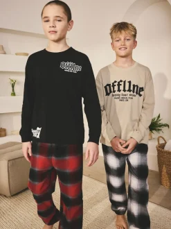 Noir/Rouge/Beige Sable Offline - Lot de 2 pyjamas en tissu à carreaux à manches longues (3-16ans)
