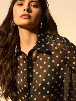 Noir/Vert sauge à pois - Chemise transparente à manches longues