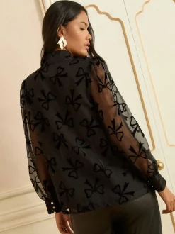 Nœud en velours noir - Chemisier Love & Roses manches longues à nœud lavallière