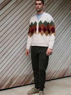 Oatmeal Multi - Cardigan Argyle coupe décontractée en laine