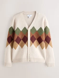 Oatmeal Multi - Cardigan Argyle coupe décontractée en laine