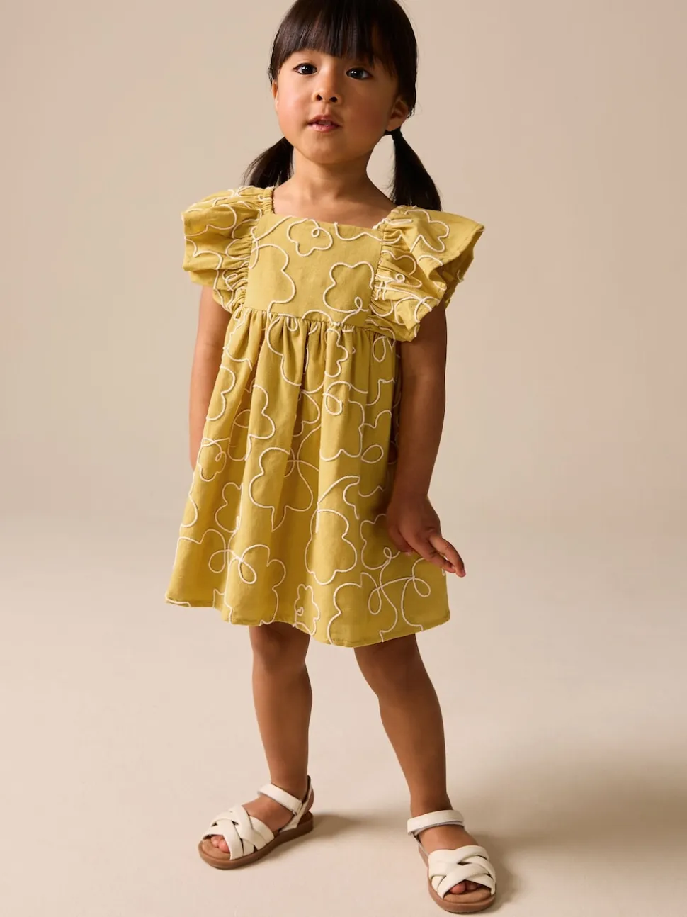 Ocre jaune brodé - Robe à manches d'ange (3mths-8yrs)