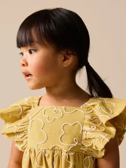 Ocre jaune brodé - Robe à manches d'ange (3mths-8yrs)