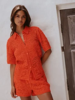 Orange - Chemise à manches courtes au crochet