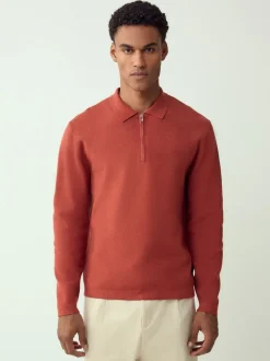 Orange brûlé - Col zippé - Polo N.premium en maille à manches longues haut de gamme à manches longues