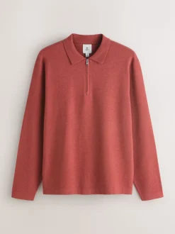 Orange brûlé - Col zippé - Polo N.premium en maille à manches longues haut de gamme à manches longues