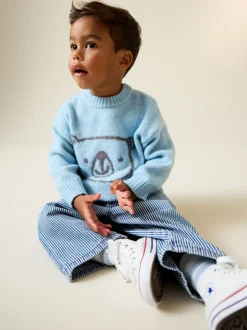 Ours bleu - Personnage Pull Col rond en maille (3mois-7ans)