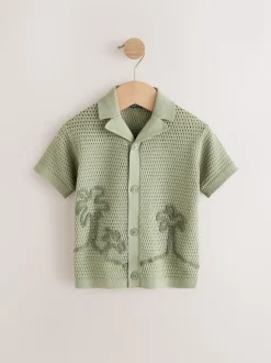 palmiers Vert - Polo texturé en maille à manches courtes avec col révéré (3mois7ans)