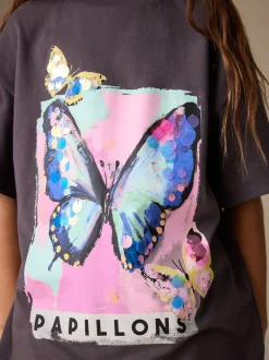 Papillon gris anthracite - T-shirt oversize à sequins (3-16ans)
