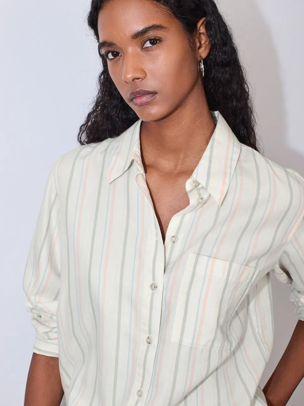 Pastel rayé - 100Chemises décontractées en coton à boutons Manches longues Chemises décontractées