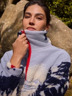 Paysage d’hiver bleu à imprimé graphique - Polaire douce en polaire en peau de mouton à col zippé