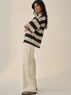 Pierre Neutre Rayure - T-shirt oversize décontracté boxy épais à col ras du cou