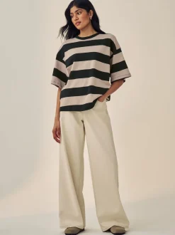 Pierre Neutre Rayure - T-shirt oversize décontracté boxy épais à col ras du cou