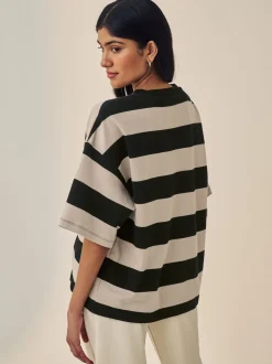 Pierre Neutre Rayure - T-shirt oversize décontracté boxy épais à col ras du cou