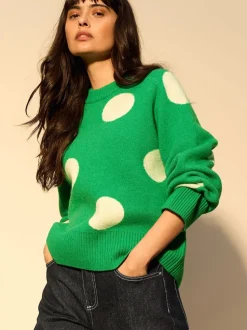 Pois vert vif - Pull en maille à col rond en laine