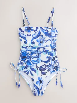 Porcelaine blanc/bleu - Maillot de bain Bandeau gainant à jambes froncées