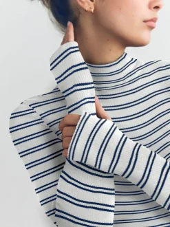 Rayé bleu marine/crème - Haut thermique haute douillette côtelé à col roulé