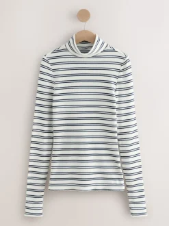 Rayé bleu marine/crème - Haut thermique haute douillette côtelé à col roulé