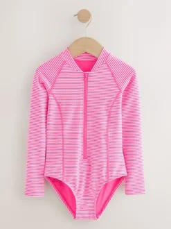 Rayé rose/blanc - Maillot de bain à Texture Manches longues (3-16ans)