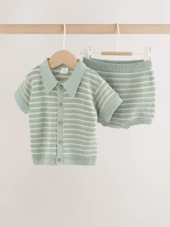 Rayé vert sauge - Ensemble haut et short en maille bébé (0mois-2ans)