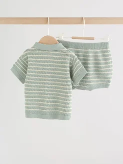 Rayé vert sauge - Ensemble haut et short en maille bébé (0mois-2ans)