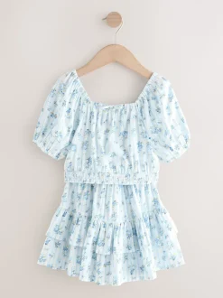 Rayure Ditsy Bleue - Ensemble chemisier et jupe à manches bouffantes (3-16ans)