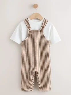 Rayure marron et Off White - Ensemble salopette et t-shirt (3 mois-7 ans)