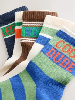 Rayures à slogan écru/marron - Semelle intérieure coussinée Chaussettes côtelées en coton riche 5 Pack