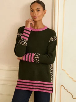 Rayures latérales vert Animal kaki - Love & Roses Col rond Cosy Pull